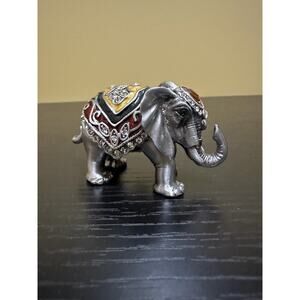 Elephant Trinket Box Figurine Silver Tone Jeweled Enamel Accents Decor 2"